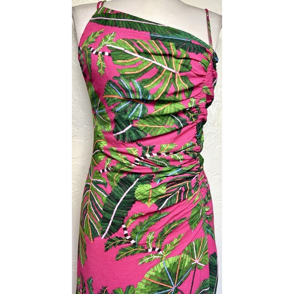 Farm Rio Leaves Pink Midi Dress XS Strappy Ruched Front Slit Tropical Print - Picture 8 of 16